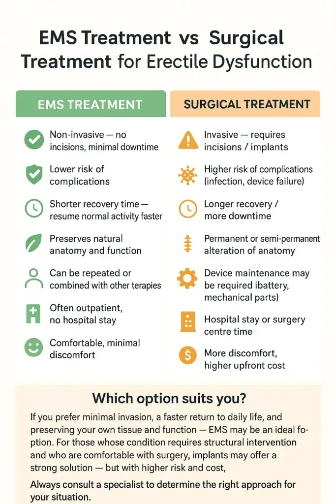 A table showing the benefits of EMS chair for erectile dysfunction treatment Lancaster compared to surgery.
